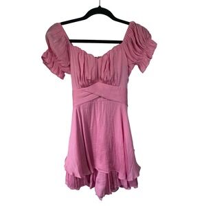 Cellecci Pink Romper Mini Ruffle Short‎ Sleeve Sweetheart Neckline Milkmaid SZ L